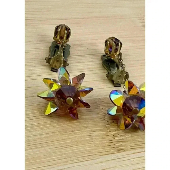 VTG Crystal Dangle Iridescent Clip on Earrings Bronze - Picture 7 of 13